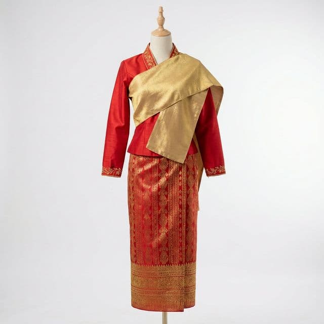 ຊຸດລາວ ສີແດງ ງານດອງ ຄົບຊຸດ